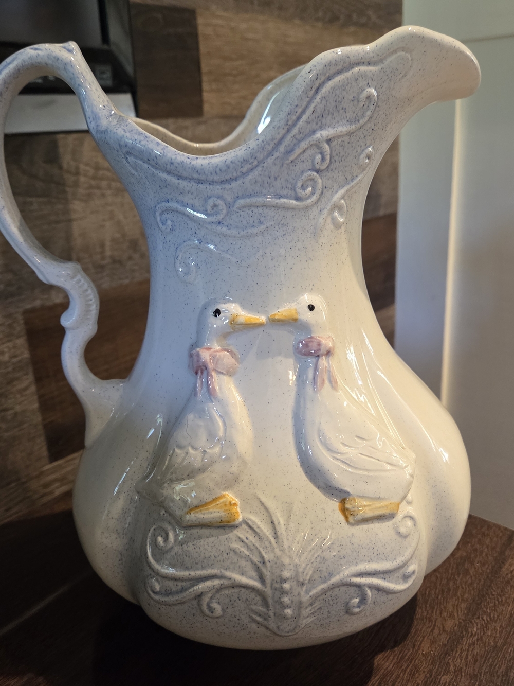 Vintage Ceramic Goose Pitcher in White and Light Blue